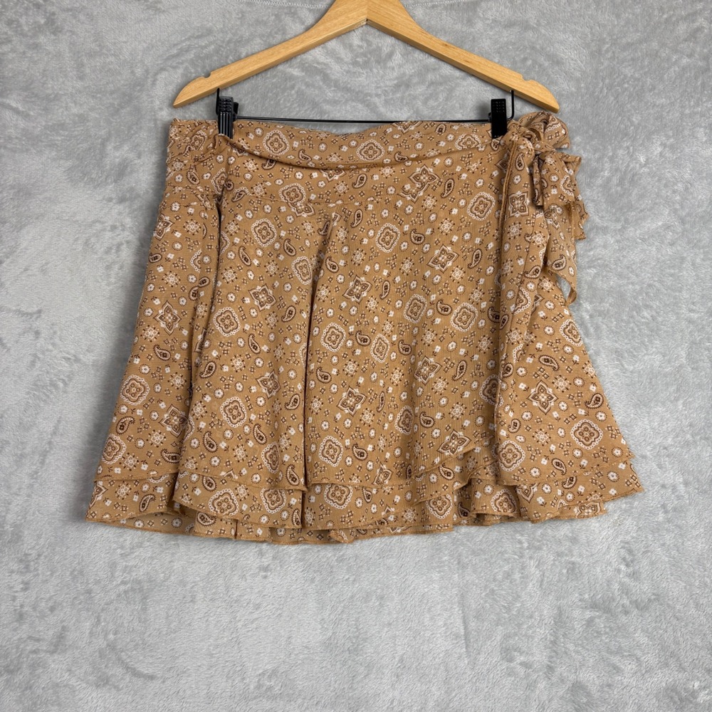 Aerie‎ Tan Paisley Wrap Mini Skirt XXL Ruffle Tiered Side Tie Boho Festival
